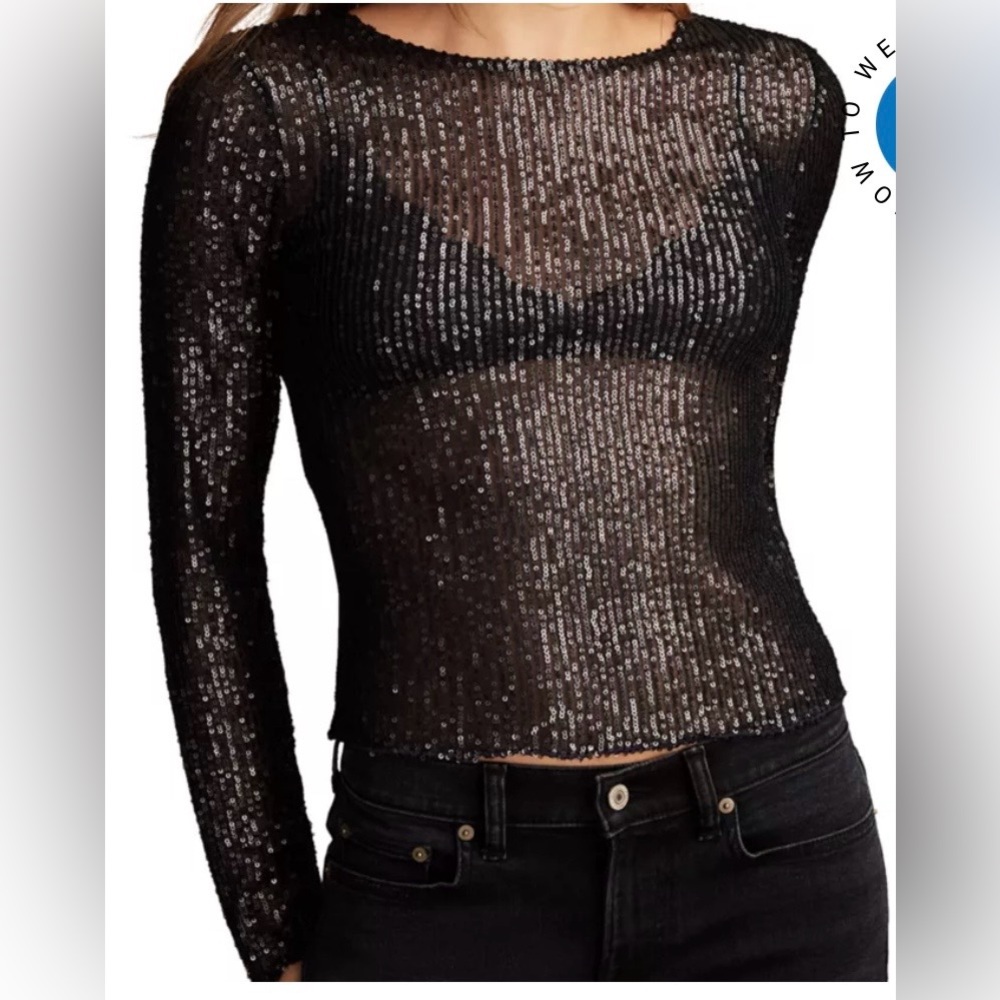 Lucky Brand Black Sequin Sheer Long Sleeve Top